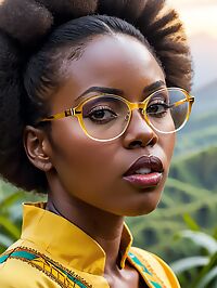 African woman with huge afro stands amidst mountain gorillas in Rwanda's dawn light