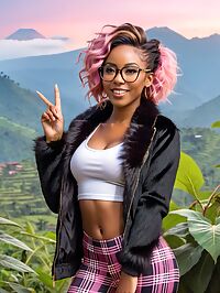 Brunette with contrasting streaks stands in twilight Rwanda