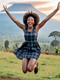 Joyous Kenyan girl with afro hair and perky boobs poses amidst Rwandan mountain gorillas
