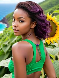 A young African woman with green eyes enjoys the Caribbean beach in St Vincent