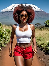 A tall athletic woman with a huge afro and large breasts enjoys the morning on Mt Kilimanjaro