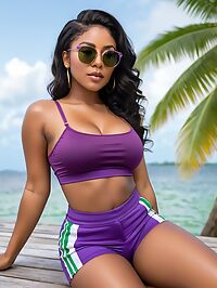 A dark skinned woman poses seductively in purple lingerie under pre dawn Panamanian skies