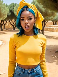 A Nigerian girl with teal hair stands in the outdoor setting of Gethsemane Israel