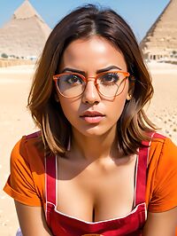 A petite Caribbean girl with hazel eyes and perky butt sweats in Egypt's Pyramids at noon