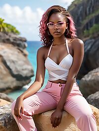 Dark skinned beauty posing seductively by sheer rock formations